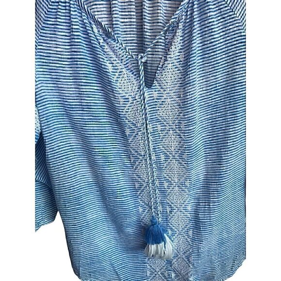 RIKSHAW DESIGN BEACH BOHO EMBROIDERED W/TASSEL, STRIPED, LIGHT BLUE, BLOUSE SM - Picture 2 of 7